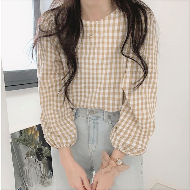 Inchioh-Puff-Sleeve Gingham Blouse