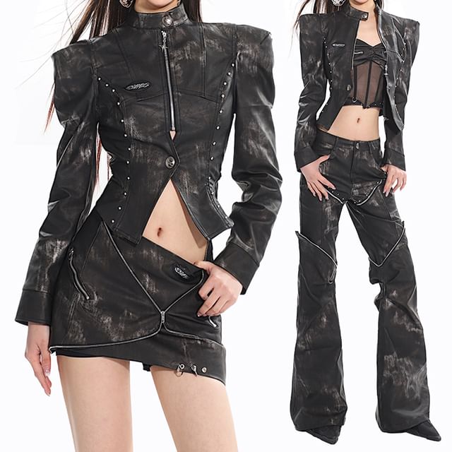 SPUCIKLEI-Washed Faux Leather Single Button Jacket