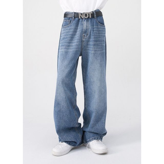 pinkdropper-Mid Rise Washed Wide Leg Jeans