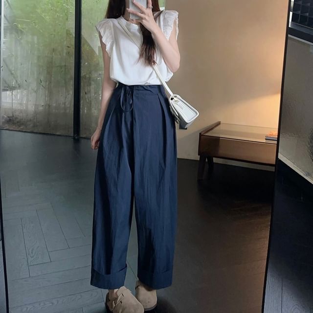 Trendycas-Cap-Sleeve Round Neck Plain Lace Panel Cutout Back Blouse High Waist Wide Leg Pants