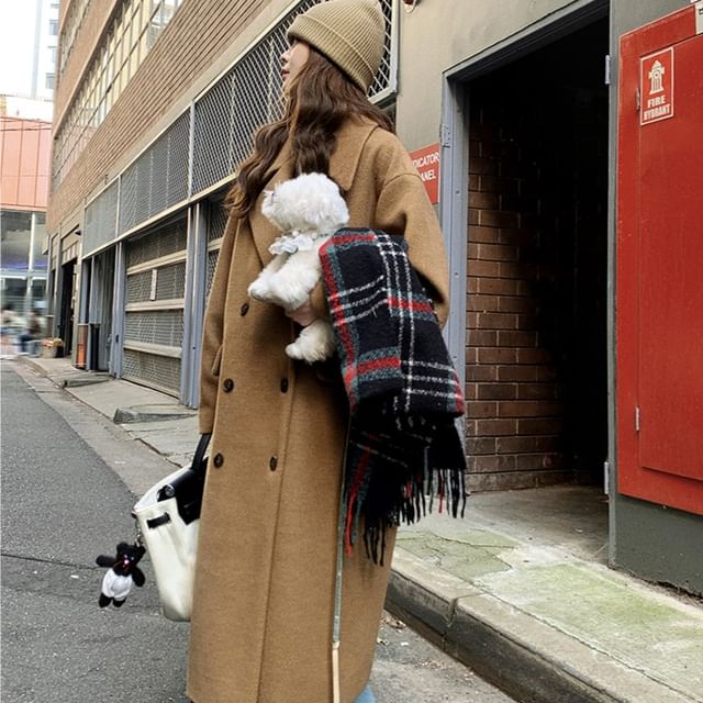 JVL-Lapel Collar Plain Double-Breasted Long Coat
