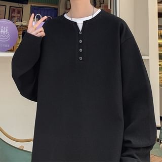 Obikan-Long-Sleeve Henley Plain T-Shirt