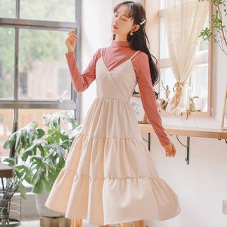 turtleneck under spaghetti strap dress