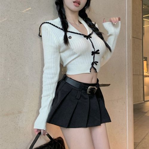 Long-Sleeve Sailor Collar Bow Contrast Stitch Slit Ribbed Knit Crop Top