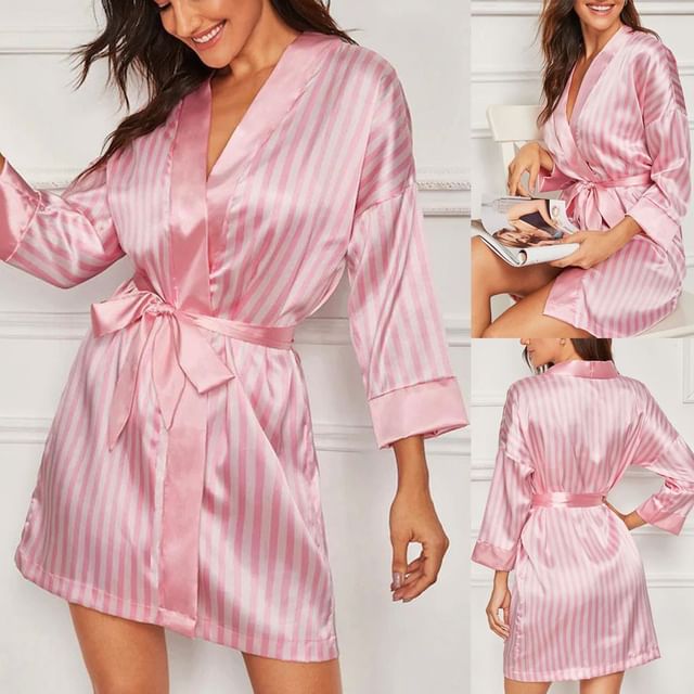 Dazzli-34-Sleeve V-Neck Striped Sashed Robe