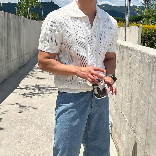 mopagrati-Short Sleeve Open Placket Plain Knit Polo Top