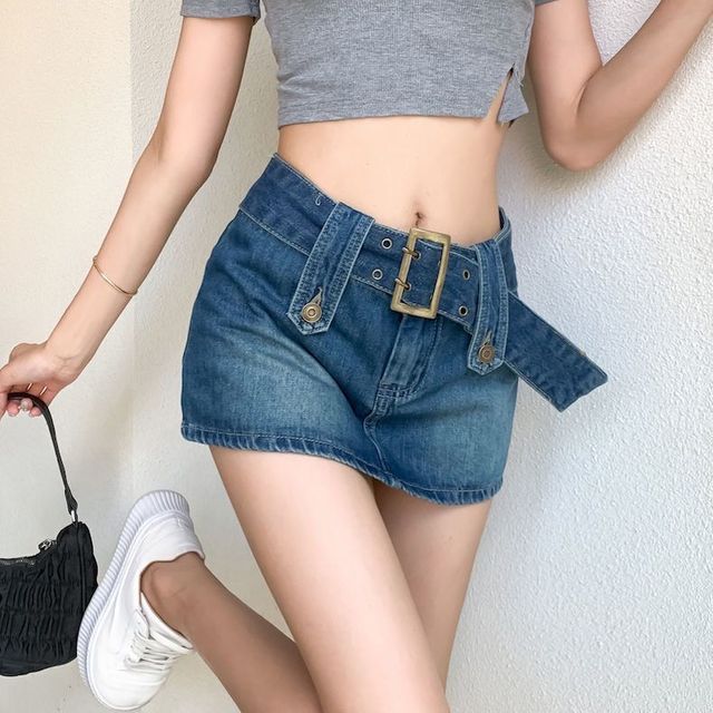 Wildfoea-Mid Waist Belted Mini Denim Skort