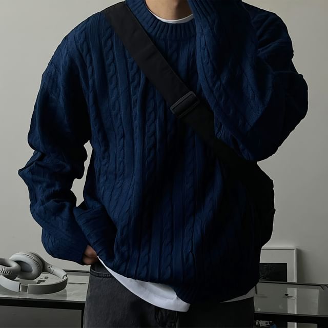Okwano-Crew Neck Plain Cable Knit Sweater
