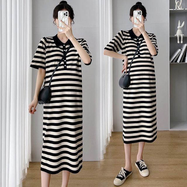 Levsayte - Maternity Short-Sleeve Striped Polo Dress | YesStyle