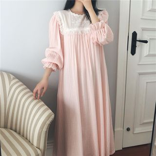 Frill Trim Long-Sleeve Night Gown