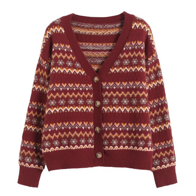 Webeisque-Long Sleeve V-Neck Floral Print Loose-Fit Cardigan