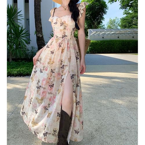 Sleeveless Square Neck Butterfly Print Slit Maxi A Line Dress