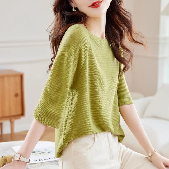 Dragan Pulse-Elbow-Sleeve Round Neck Plain Knit Top