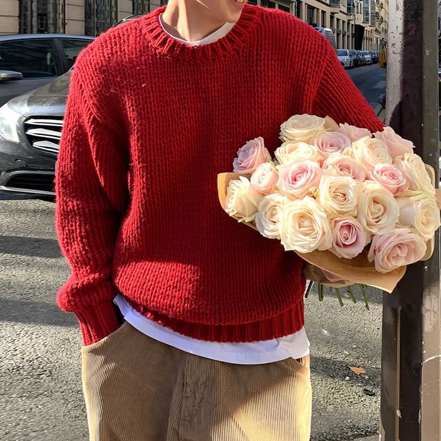 Okwano-Crew Neck Plain Oversized Sweater
