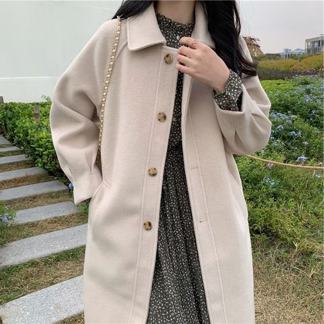 Yako-Collar Plain Midi Button-Up Coat