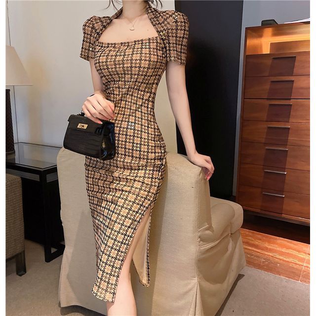 Maine - Short-Sleeve Houndstooth Midi Sheath Dress | YesStyle Maine - Short-Sleeve Houndstooth Midi Sheath Dress | YesStyle