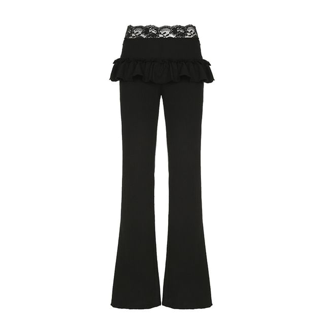 Honet-Mid Waist Lace Panel Plain Flared Pants