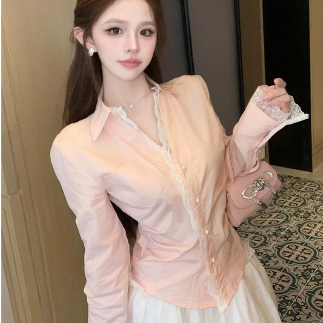 Whoosh-Long-Sleeve Plain Lace Trim Tee