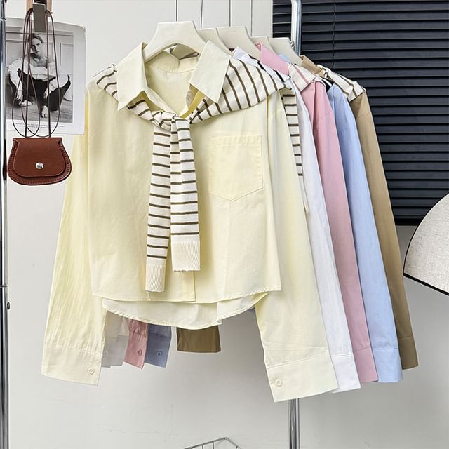 Lemongrass-Set Collared Plain Shirt Striped Scarf