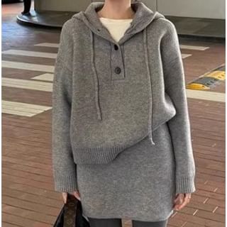 Trendycas-Set Half Buttoned Plain Knit Hoodie Mini Skirt