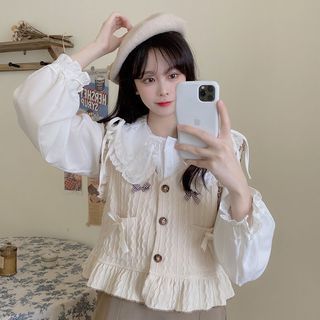 Ukiyo Puff-Sleeve Plain Lace Trim Blouse / Bow Button-Up Vest Sale