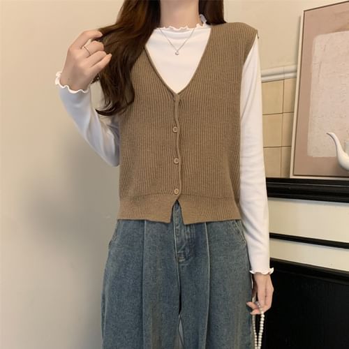 Allinya - V-Neck Plain Ribbed Button-Up Knit Sweater Vest