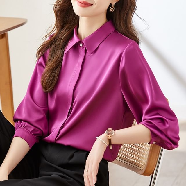 Princess Min-Puff-Sleeve Plain Button-Up Shirt