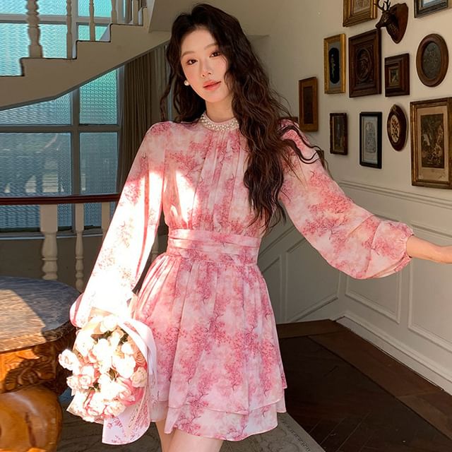 Moanum - Long-Sleeve Stand Collar Floral Print Faux Pearl Accent Layered  Mini A-Line Dress | YesStyle