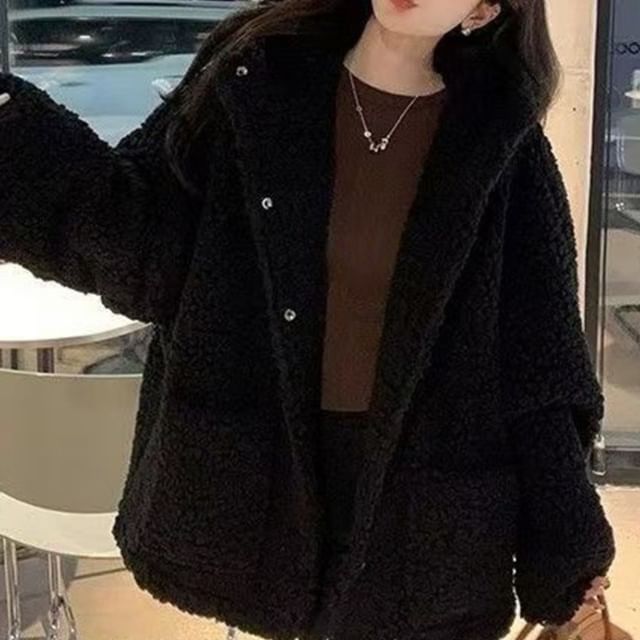 Everose-Plain Hooded Button-Up Fleece Jacket