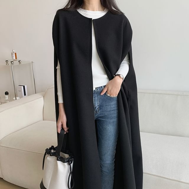 Jesong-Round Neck Plain Maxi Open Front Cape
