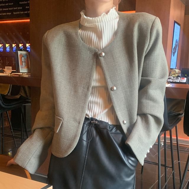 Jesong-Round Neck Plain Button Jacket