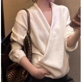 Trendycas-Long-Sleeve V-Neck Plain Wrap Sweater