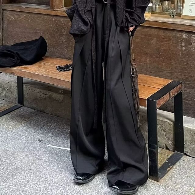 JUN-LEE-High Waist Plain Wide Leg Pants