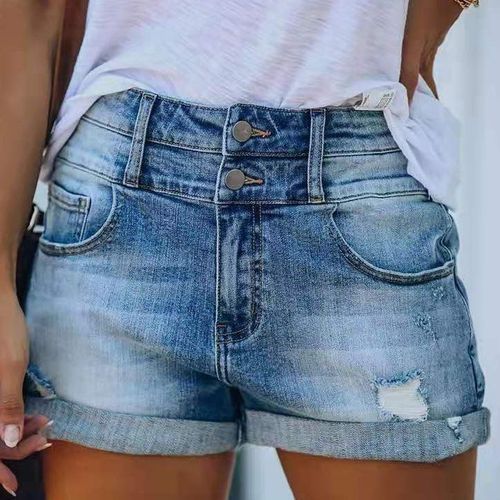 Roll Hem Mid Rise Distressed Jean Shorts