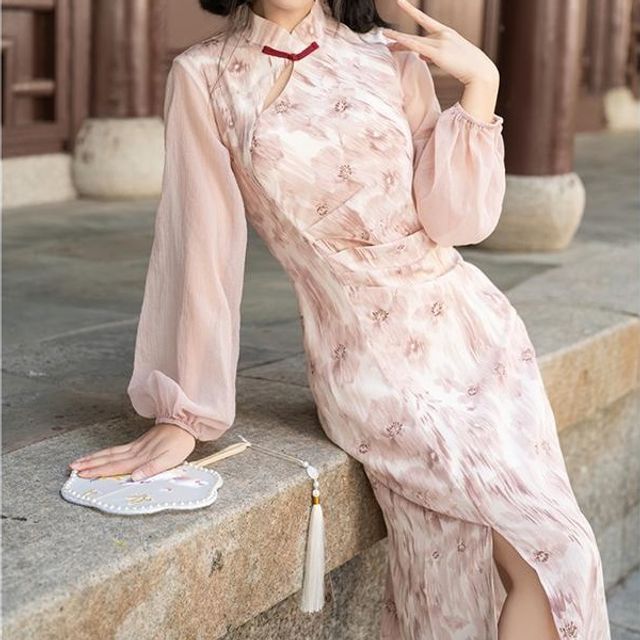 Merinise - Long-Sleeve Floral Midi Qipao Dress | YesStyle