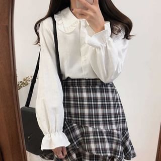 Sisyphi-Long Sleeve Peter Pan Collar Plain Ruffle Trimmed Blouse