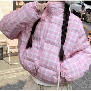 Trendycas-Plaid Cropped Zip Puffer Jacket