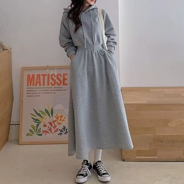 Cloud Nine-Plain Drawstring Midi A-Line Hoodie Dress