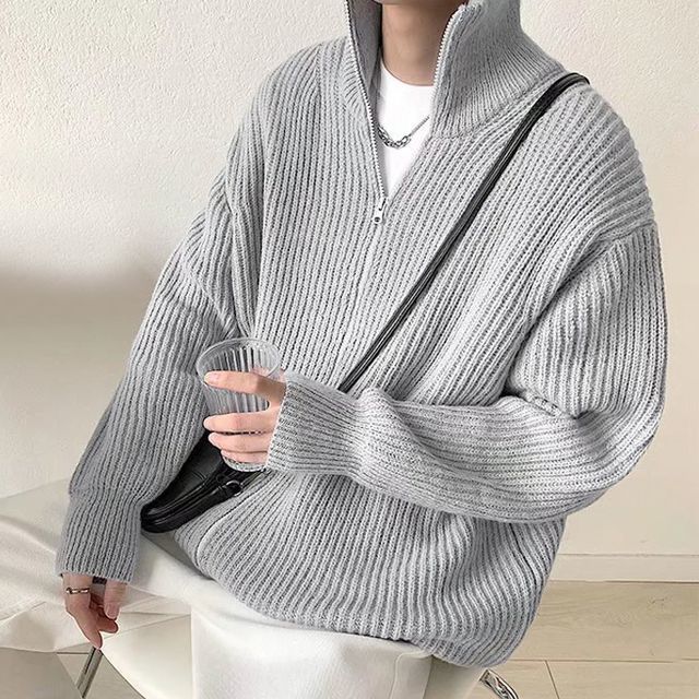 Urtishia - High-Neck Long-Sleeve Plain Zip Knit Cardigan | YesStyle
