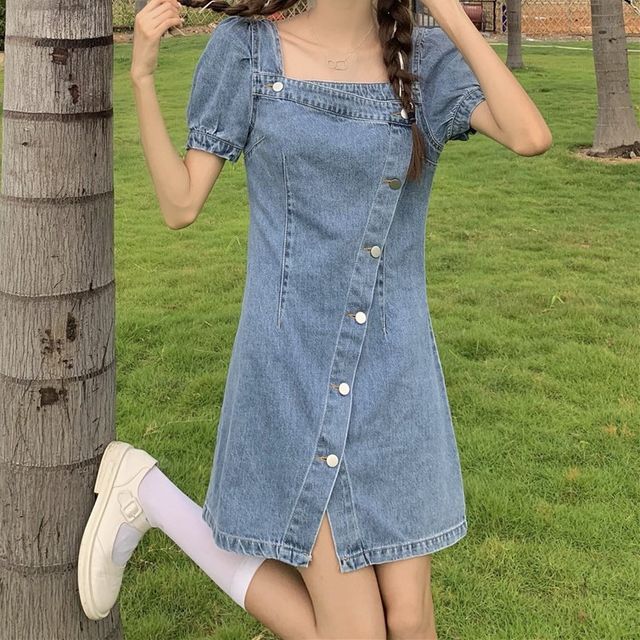 navy blue dress for baby girl Asymmetrical Denim Cargo Dress, Handmade Utility Clothing
