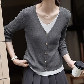 PINPI-Long Sleeve V-Neck Mock Two Piece Button Ribbed Knit Top