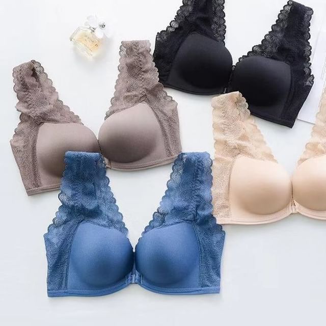 Moon City-Plain Lace Panel Front Closure Wireless Bra Panty Set
