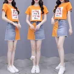 CUBABE - Set: Short-Sleeve Lettering T-Shirt + Color Block Denim A-Line Mini Skirt CUBABE - Set: Short-Sleeve Lettering T-Shirt + Color Block Denim A-Line Mini Skirt