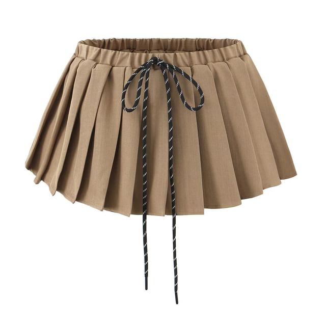 JVL-Drawstring Waist Plain Pleated Mini A-Line Skirt