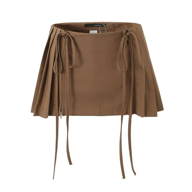 Bazer - Low Waist Plain Pleated Drawstring Mini A-Line Skirt