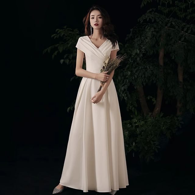 Lexama Cap-Sleeve V-Neck Plain A-Line Wedding Dress (Various