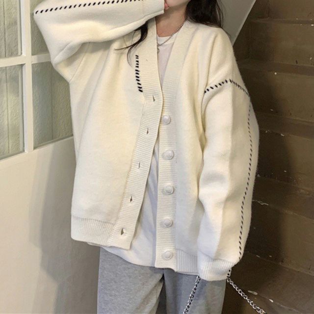 Whychunga-V-Neck Contrast Stitch Cardigan