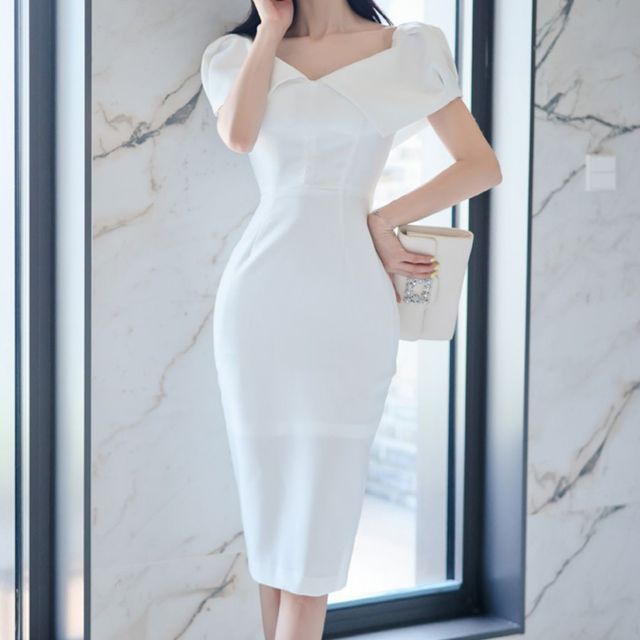 Shacos - Short-Sleeve Square Neck Sheath Dress | YesStyle