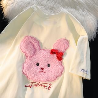 monkeira Short-Sleeve Round Neck Rabbit Embroidered T-Shirt