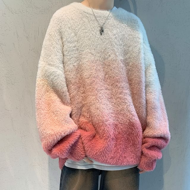 Whyessa-Crewneck Fluffy Gradient Oversized Sweater